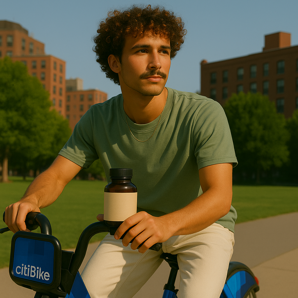 Person on a Citi Bike holding Comeback Club bottle in urban park setting