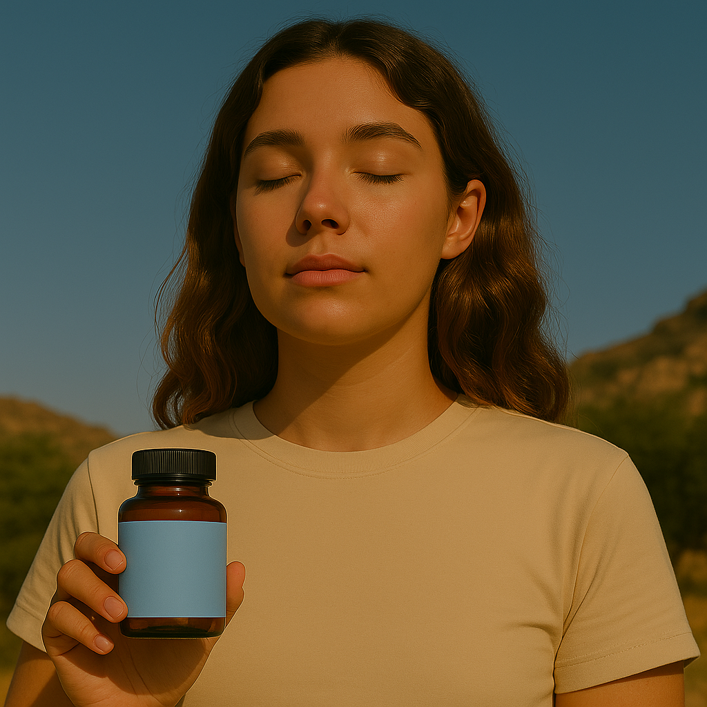 Woman with closed eyes holding Comeback Club supplement bottle in golden hour light