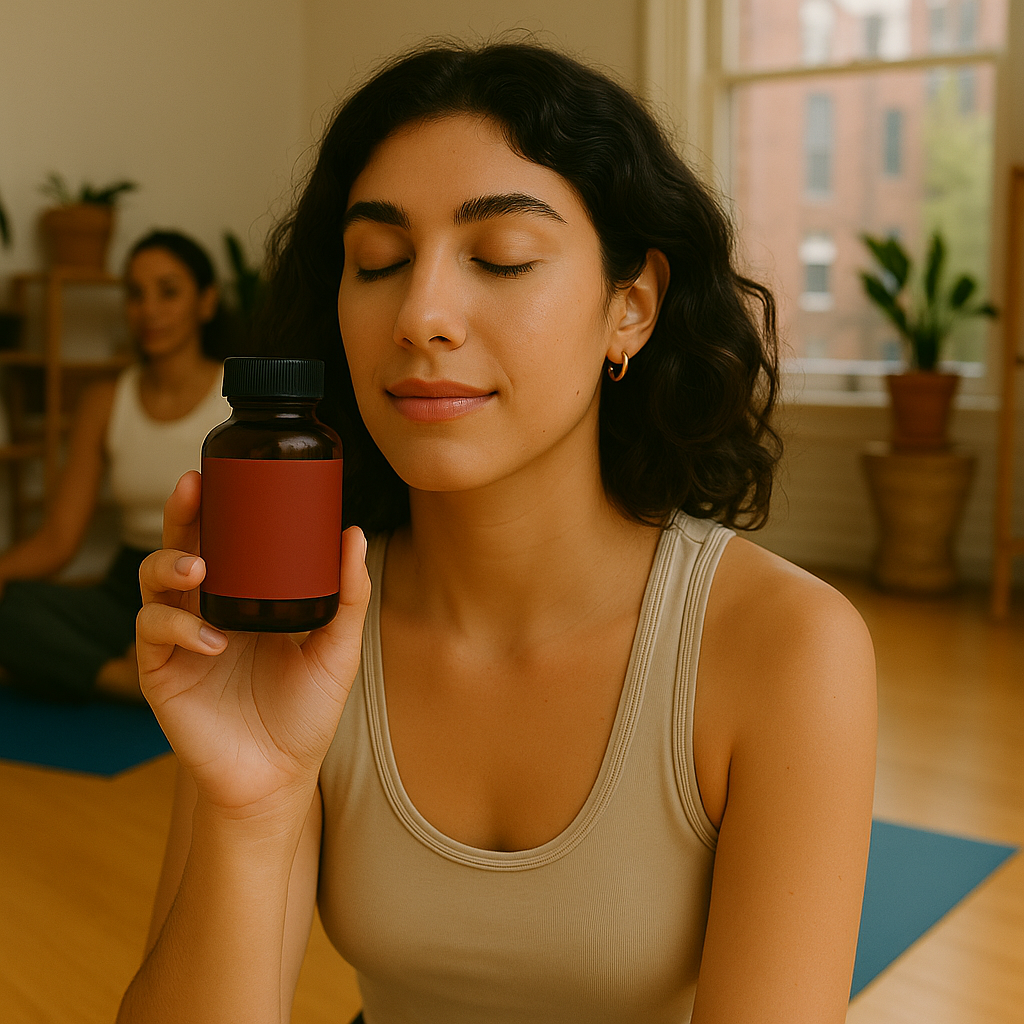 Person with closed eyes holding Comeback Club bottle during yoga